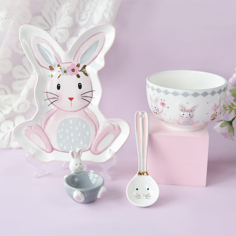 Creative Cute Rabbit Ceramic Plate Rice Bowl and Plates Set Light Luxury Ceramic Relief Tableware Home Breakfast Salad Bowl Butterfly