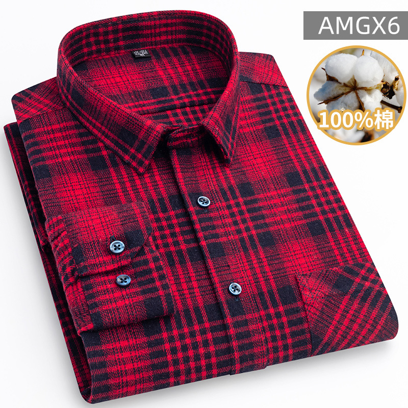 New Pure Cotton Men's Brushed Long Sleeve Shirt Coat Middle-Aged Leisure Spring and Autumn Cotton Plaid Shirt Dad Wear