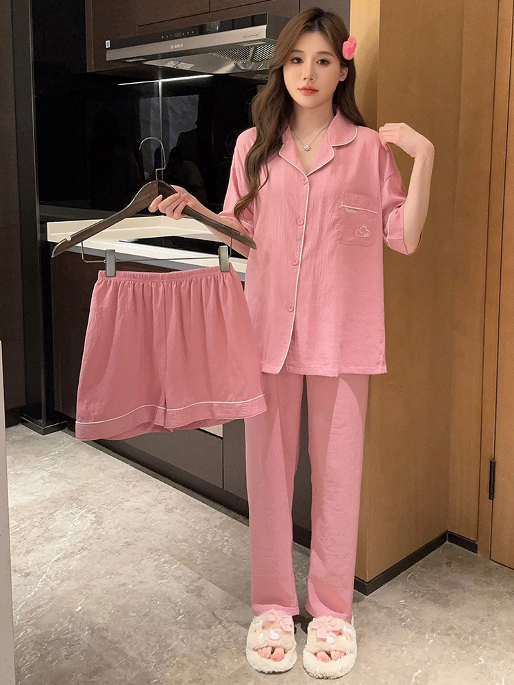 Women's Pajamas New Spring and Summer Solid Color High-Grade Loose Comfortable Short-Sleeved Shorts Casual Home Wear Three-Piece Suit