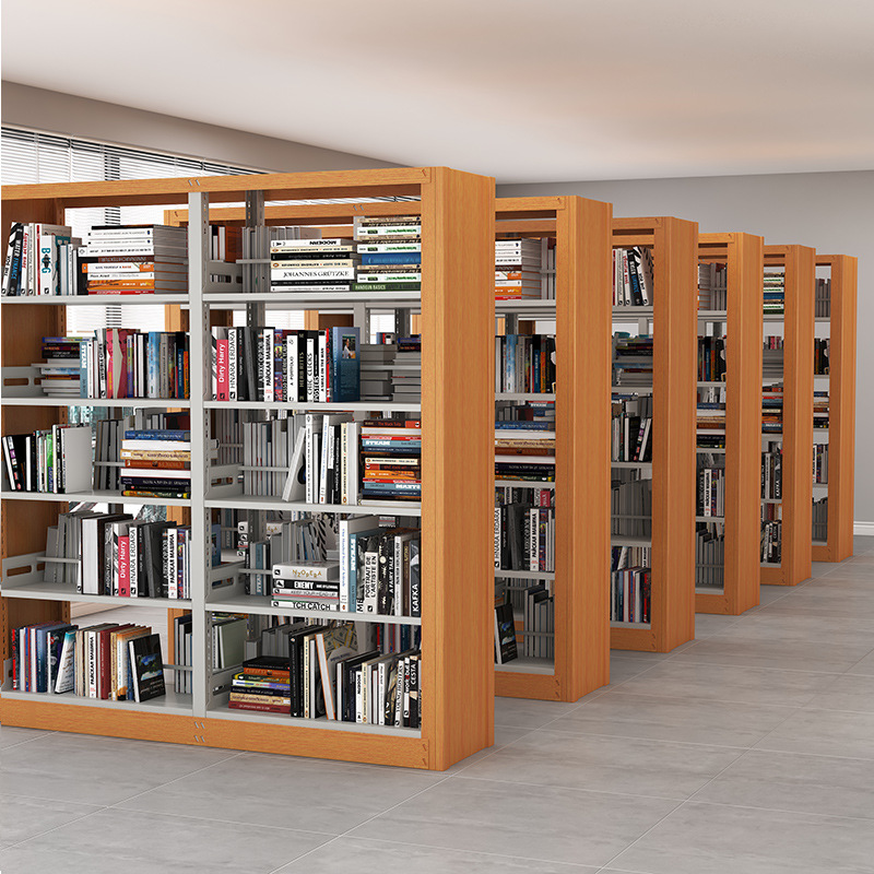 简约钢木书架落地多层书柜置物架图书馆办公室展示架储物收纳架