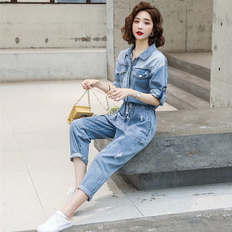 2021春女装牛仔连体裤长款连衣裤秋季穿搭女简约风格蓝色连体套装