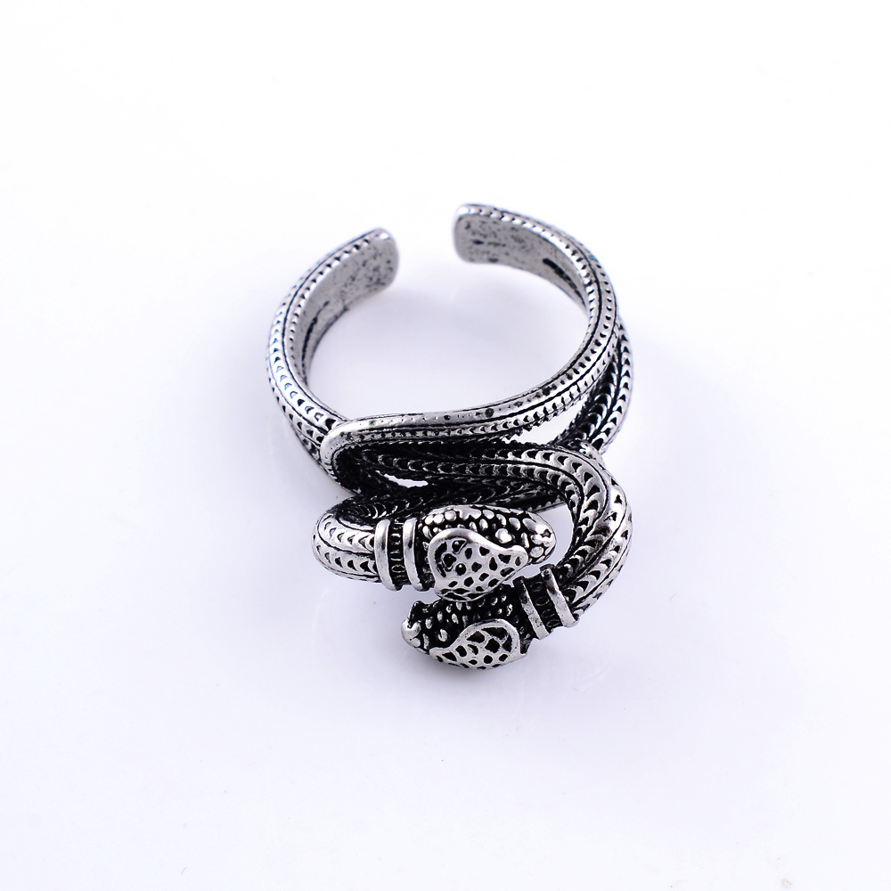 欧美跨境时尚复古眼镜双头蛇戒指 gsrden系列缠绕灵蛇男士开口戒