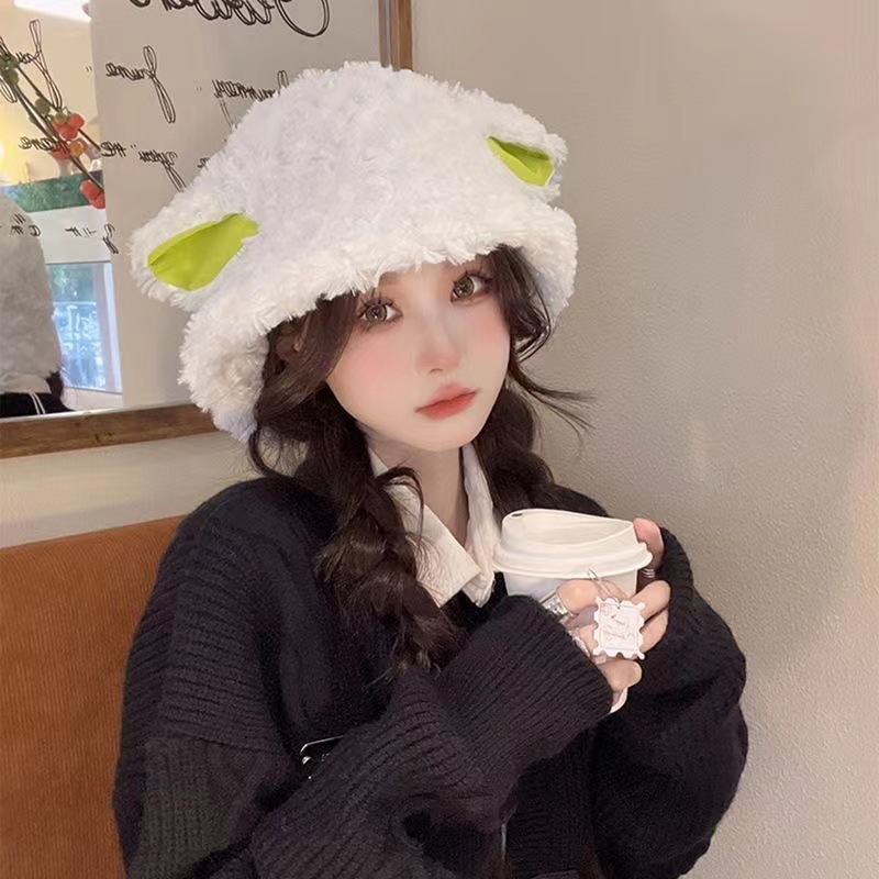 Lamb Hat Female Autumn and Winter Japanese Soft and Adorable Cute Thickening Warm Lamb Wool Ears Small Face Bucket Hat