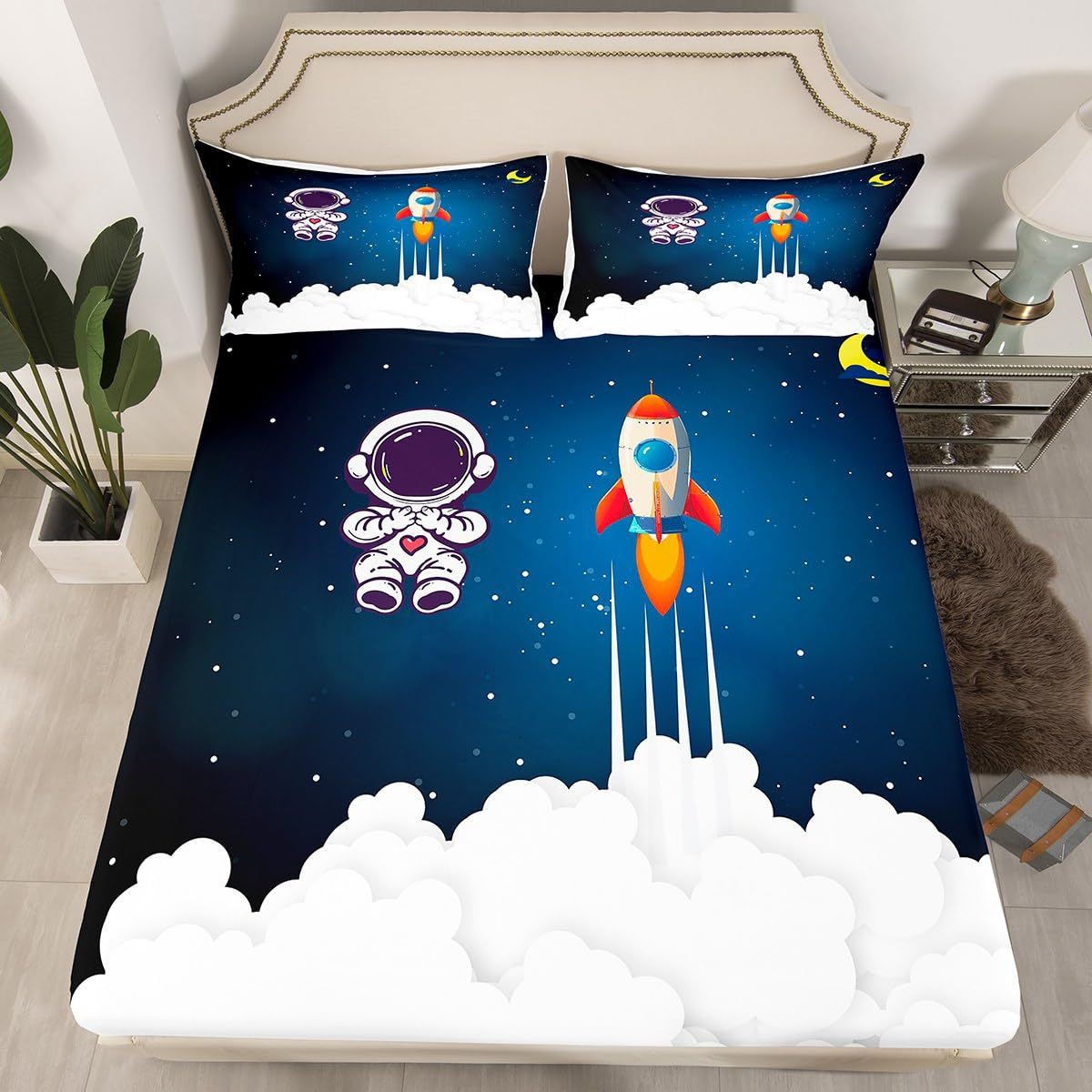 儿童宇航员火箭床笠卡通太空火箭印花床上用品装饰保护罩厂家直销