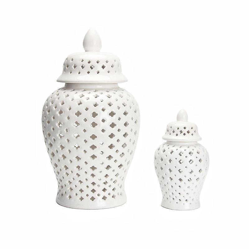 European-Style Metal Ceramic Hat-Covered Jar White Hollow-out Storage Jar Vase Light Luxury Crafts Decoration Golden Castle Vase