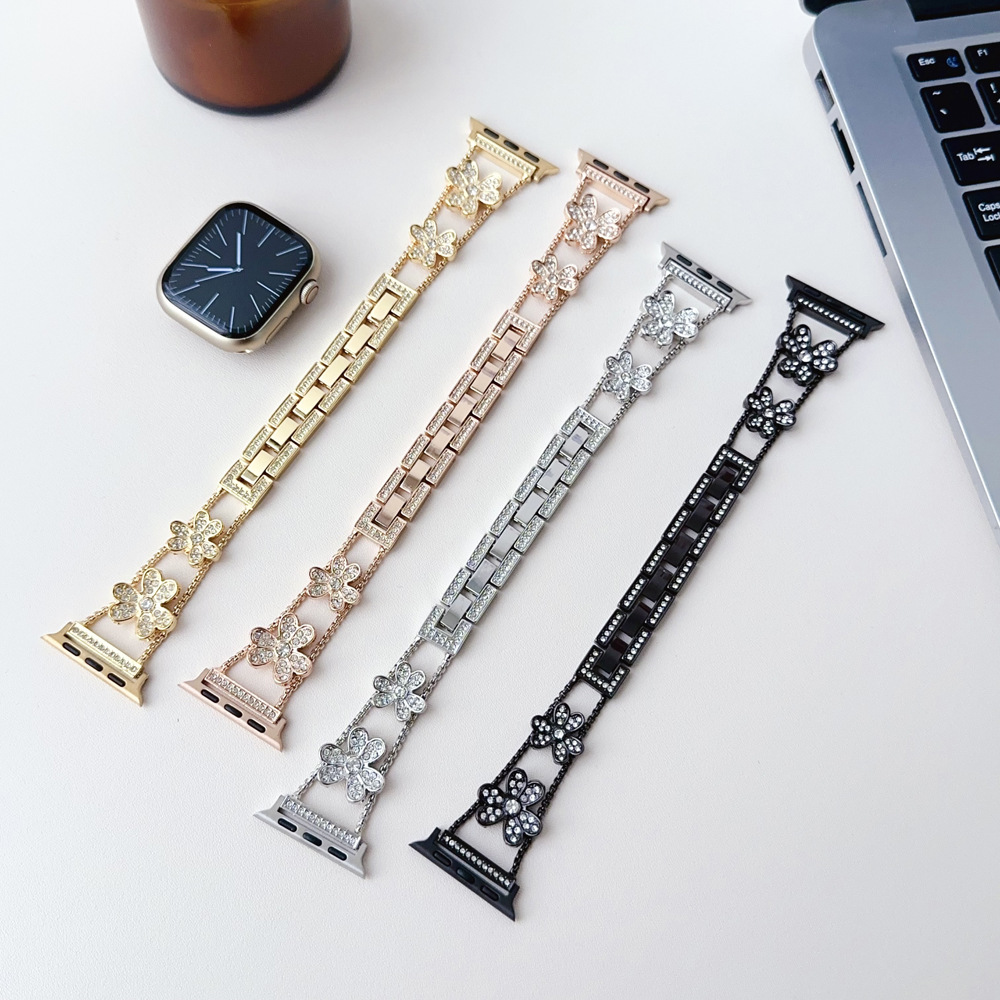 适用苹果applewatch金属表带iwatchs8765443se三叶草镂空金属表带