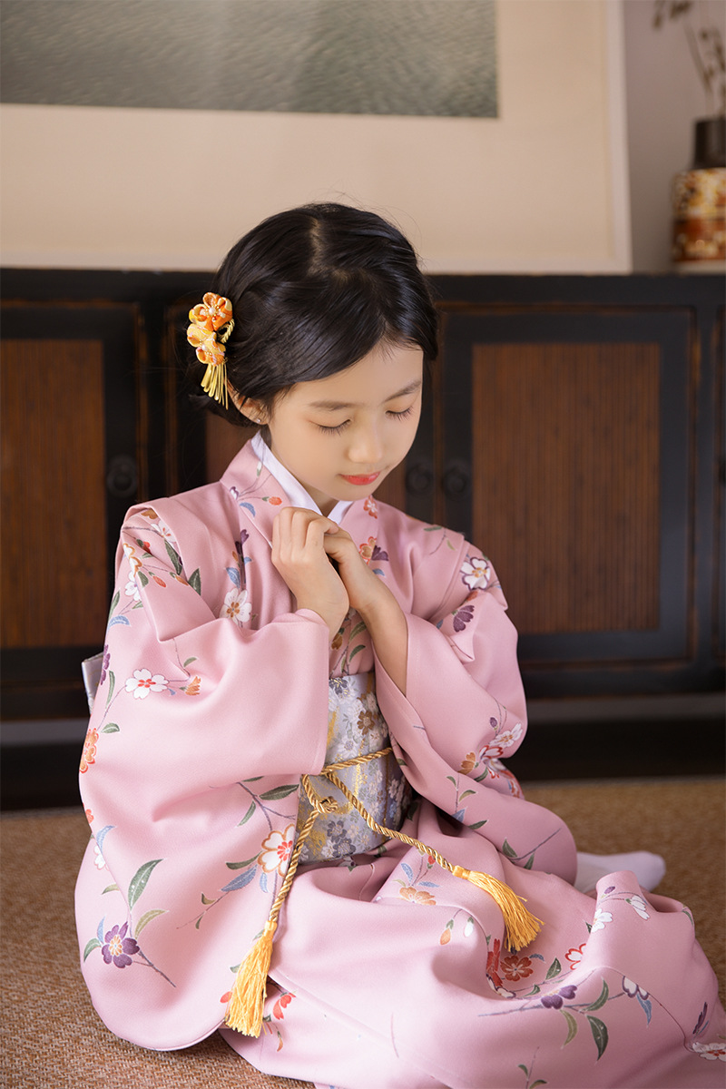 新款桔子点点小樱落日本儿童和服日式浴衣女童连衣裙演出服道具