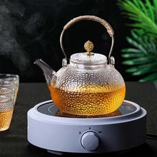 新款锤纹日式铜把提梁壶耐热玻璃蒸煮一体茶壶高硼硅家用珐琅壶