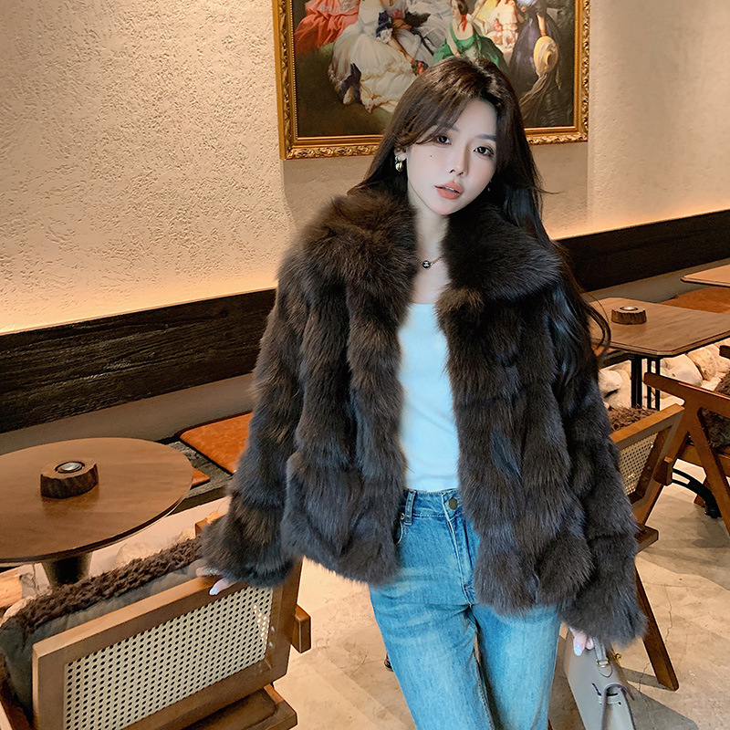 美拉德穿搭2023冬季新款皮毛一体进口狐狸毛皮草外套女翻领显瘦