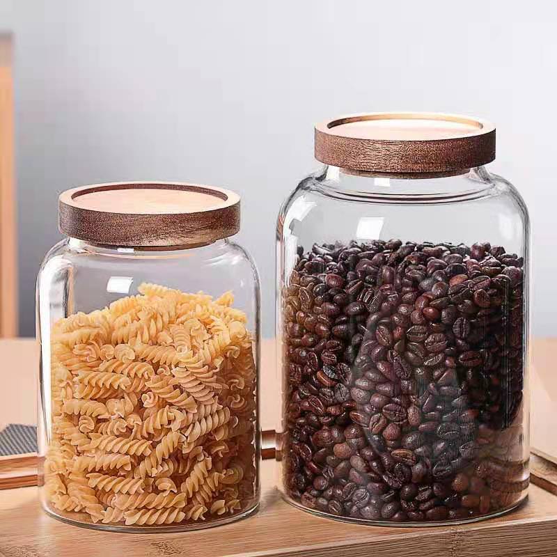 Wholesale Borosilicate Glass Sealed Can Acacia Wooden Lid Tea Jar Transparent Kitchen Storage Jar Candy Jar