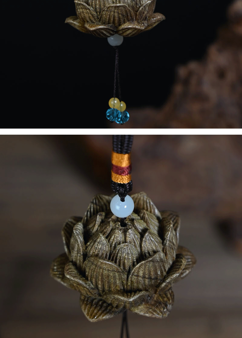 金丝楠莲花车挂 中式木雕创意吊坠平安莲花汽车车内挂件饰品