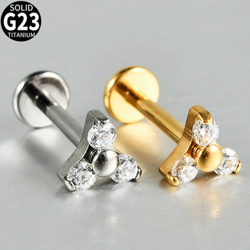 跨境g23钛合金唇钉内螺纹耳钉3颗锆石耳骨钉高品质穿刺饰品唇环
