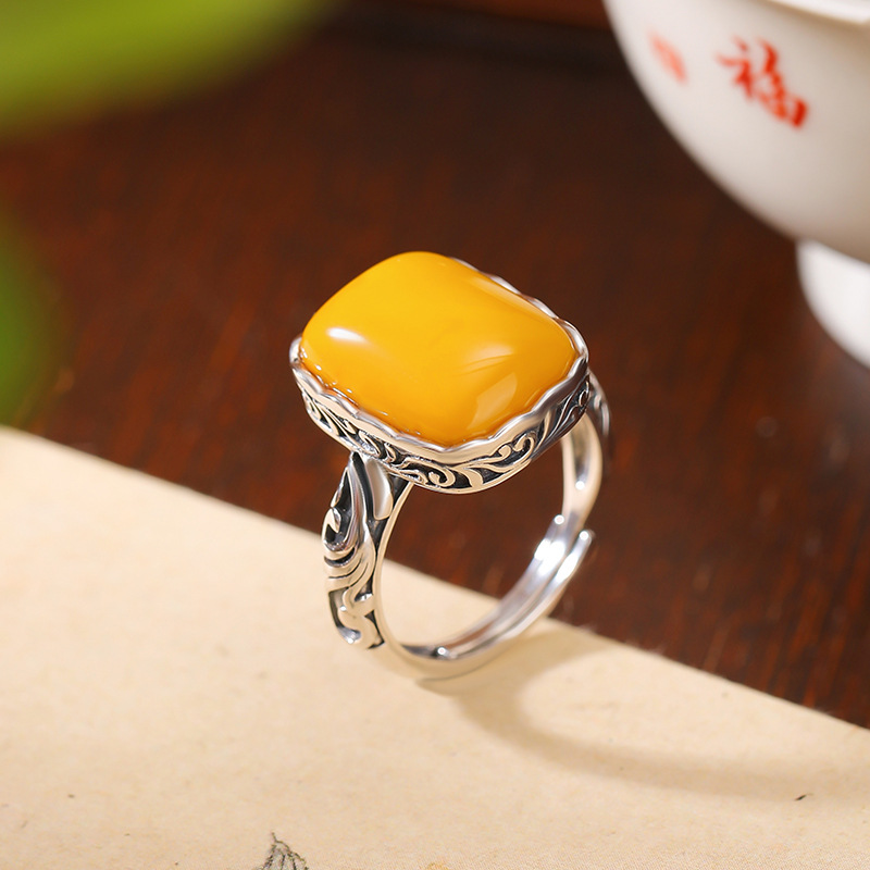 壹鹿银s925纯银蜜蜡复古做旧民族风唐草纹方形戒指气质国风银指环