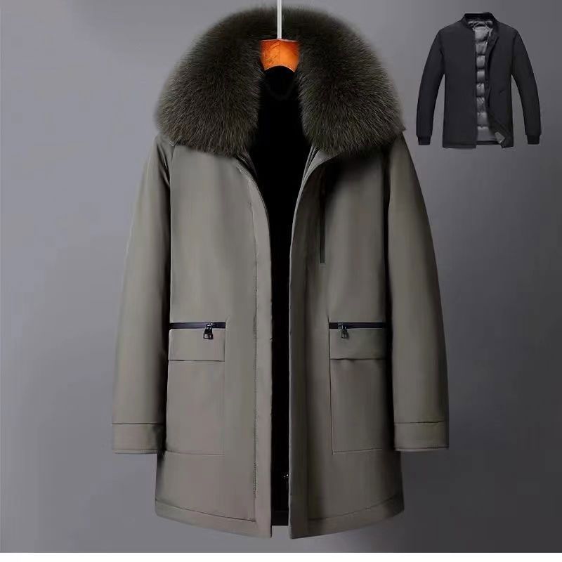 减龄派克服爸爸冬装外套加厚款大码中老年人羽绒服男中长款白鸭绒