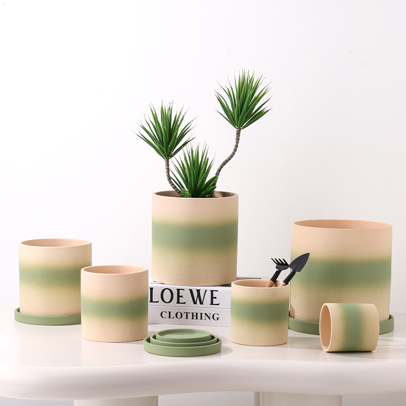 北欧渐变色彩高圆形陶瓷花盆透气陶土家用带托盘有孔多肉盆栽绿植