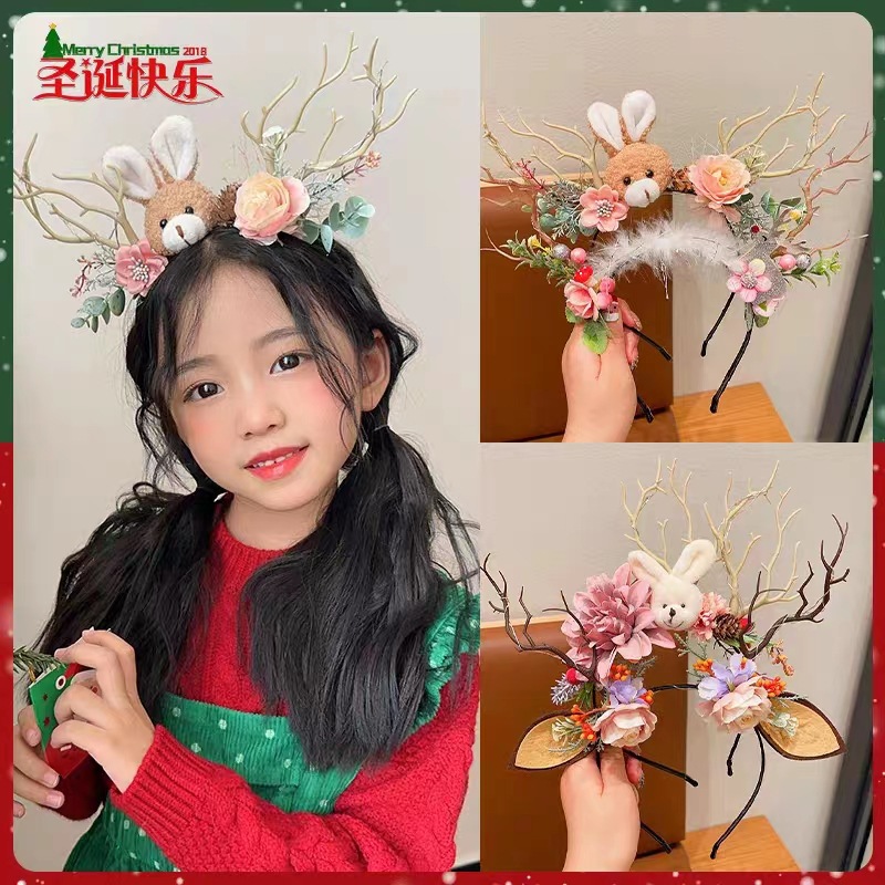 Winter Cute Christmas Headband Luminous Rabbit Flower Filbert Branches Antlers Headband with Ears Hair Accessories Gift