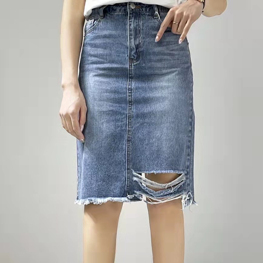 2022夏季新款成人女士剪边流苏磨烂牛仔半身裙修身显瘦时尚百搭款