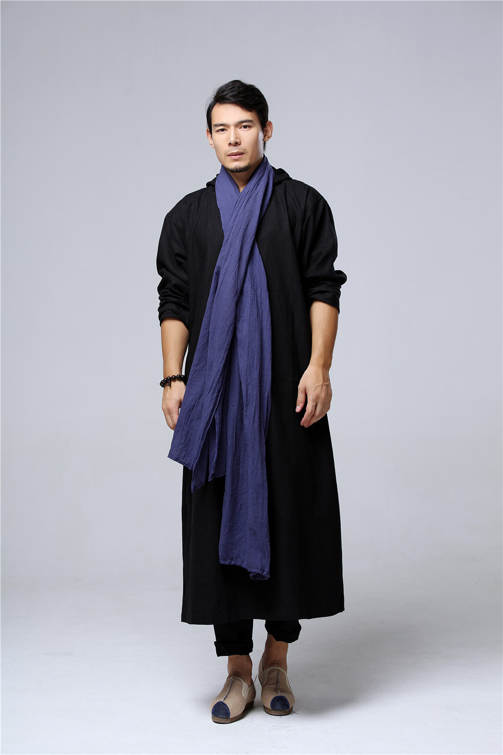 麻凡新品 茶禅服 长袍 休闲棉麻文艺长款戴帽长衫中国风男装