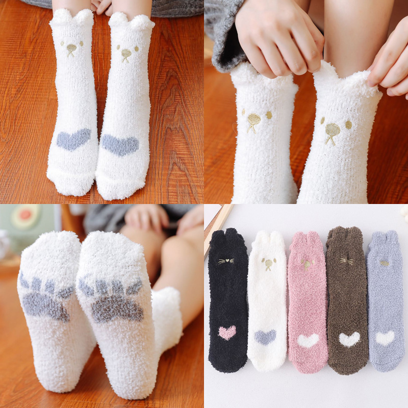 袜子女秋冬新款珊瑚绒袜子金丝猫爪加厚保暖家居月子睡眠袜子批发