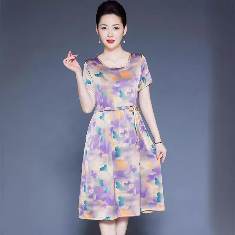 品牌时尚真丝连衣裙女2024夏季新款中老年妈妈装洋气桑蚕丝裙子