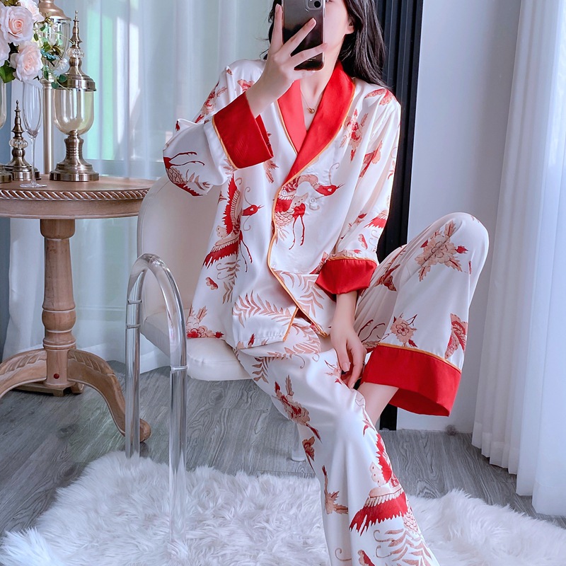 2024年春夏季新款中国风睡衣女冰丝薄款长袖长裤仿真丝印花家居服