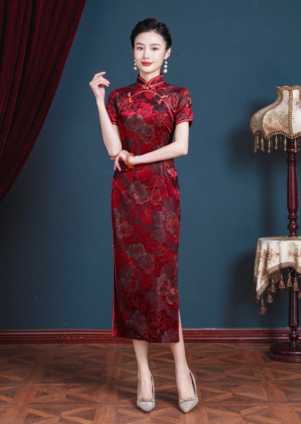 古蕴跨境热卖复古风婚宴喜婆婆改良款旗袍喜妈妈晚礼服优雅连衣裙