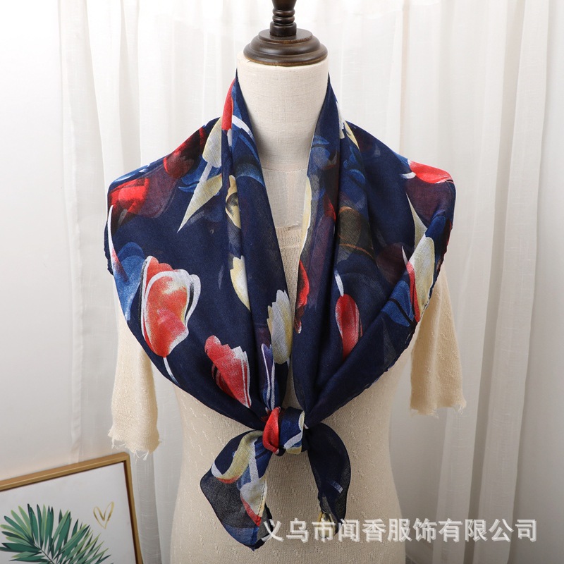 Women's Printed Scarf Retro Easy Matching 90 Large Kerchief Shawl Voile Cotton and Linen Warm Sunscreen Scarf Closed Toe Scarf