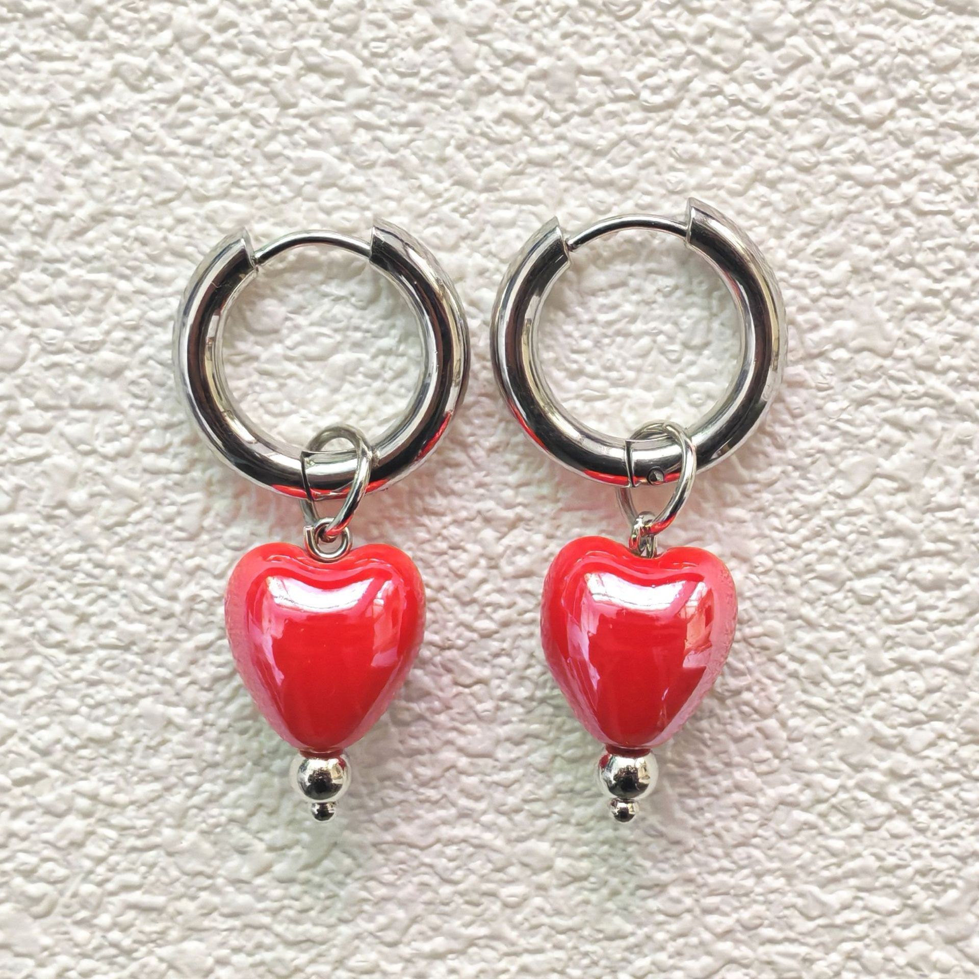 韩国秋冬复古彩色爱心桃心粗圆环耳钉百搭小香风耳环批发