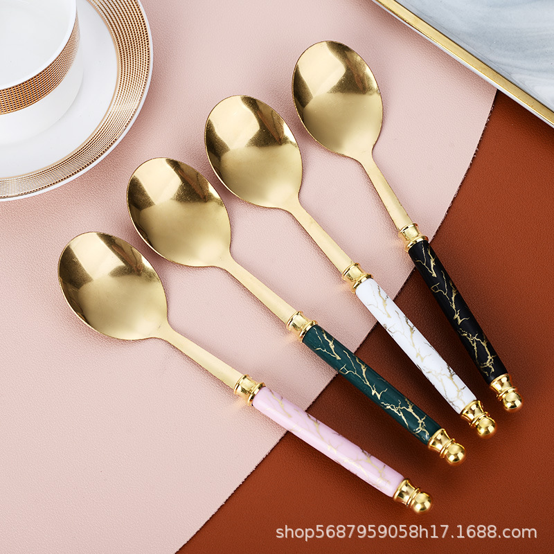 Cross-Border Marble Pattern Double Bead Plastic Handle Stainless Steel Tableware Spoon 6-Piece Set Western Food Knife