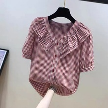韩国超仙甜美格子荷叶边雪纺衫女2022夏季新款宽松减龄遮肚子小衫