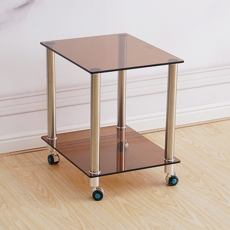 沙发边几小户型家用钢化玻璃长方形桌子茶几移动带滚轮转角小圆桌