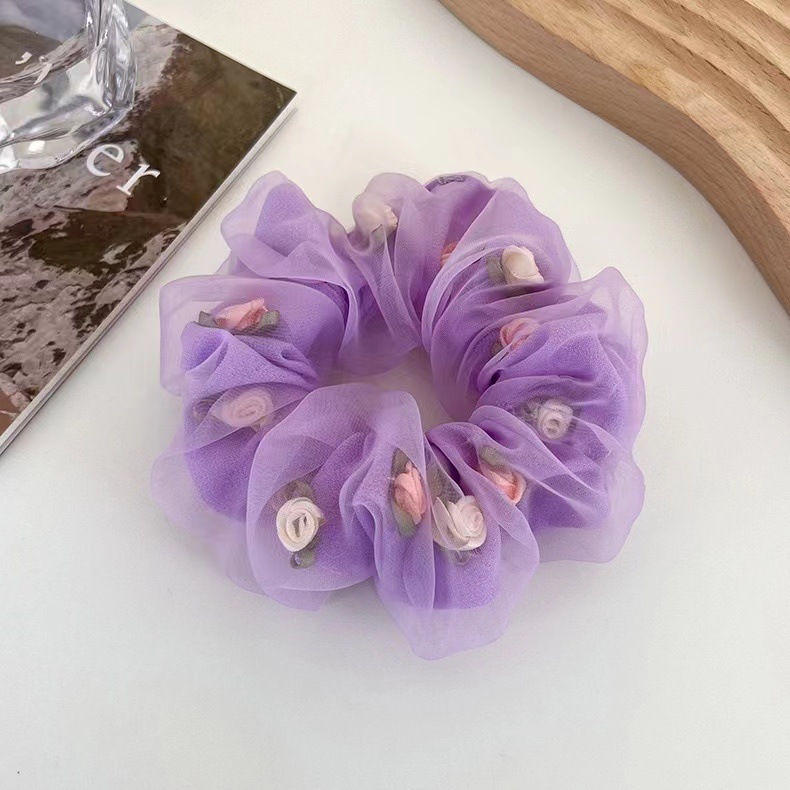 Korean Style Spring Fabric Headband French Romantic Rose Flower Double-Layer Hair Rope Mesh Large Intestine Ring Hair Accessories Hair Ring Women