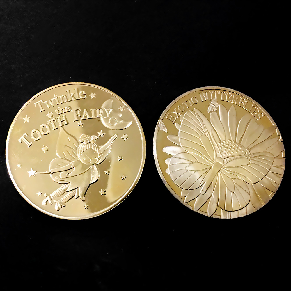 卡通蝴蝶牙仙子金币镀金纪念币蝴蝶牙仙子纪念章硬币纪念章