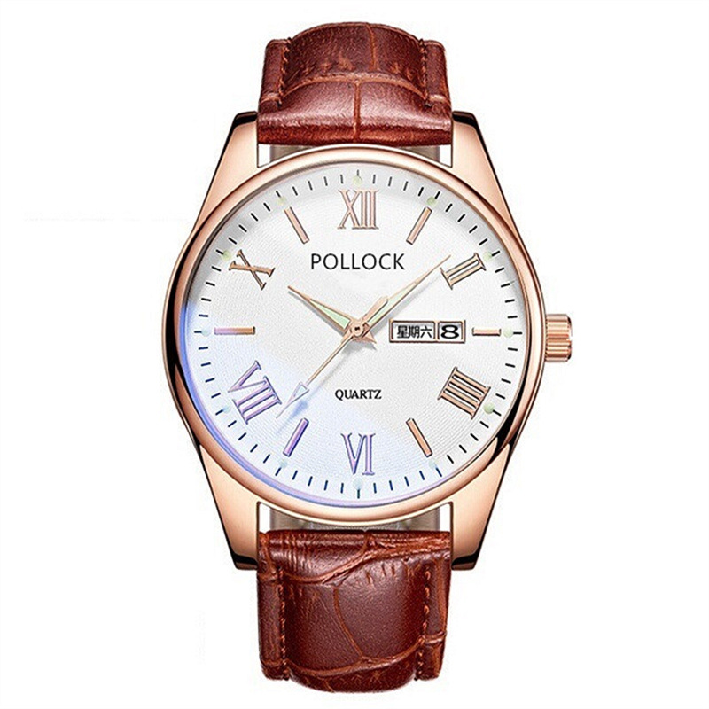 pollock 休闲商务男士手表 双历帅气优雅潮表男 真皮防水情侣手表