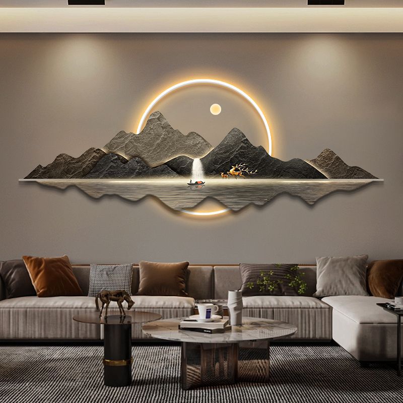 现代轻奢客厅装饰画背有靠山大气沙发背景墙挂画感山水壁灯画
