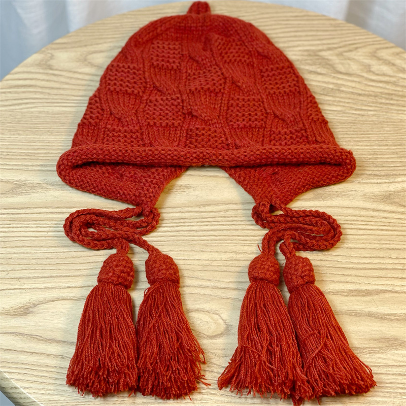 New Year Red Hat Female Autumn and Winter Warm Wool Tassel Sleeve Cap Handmade Knitted Earmuffs Hat Japanese Ins