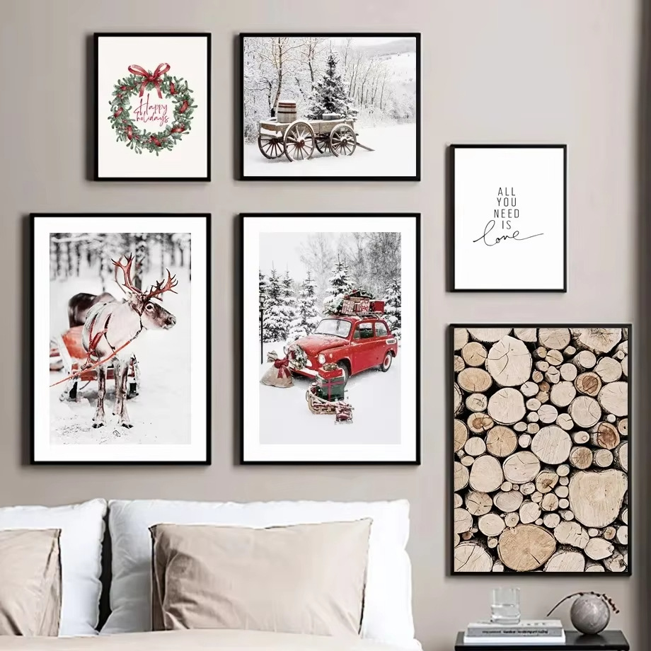 各跨境外贸平台专业代发圣诞节挂画雪景卧室客厅帆布画装饰画芯