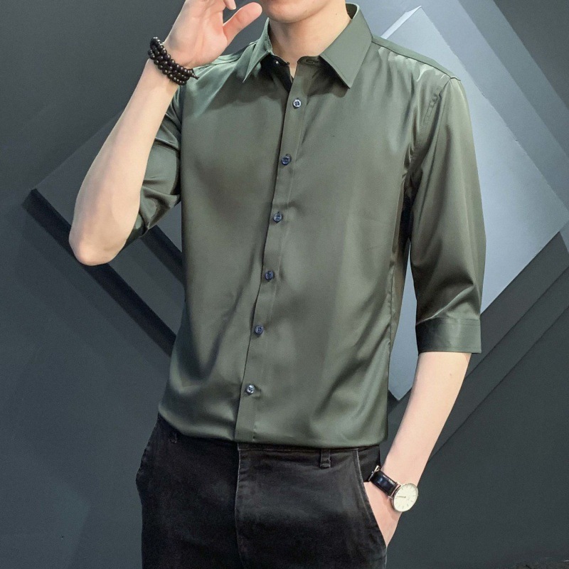 春夏季薄款衬衫男士商务休闲中袖条纹衬衣男装潮流帅气修身寸衫