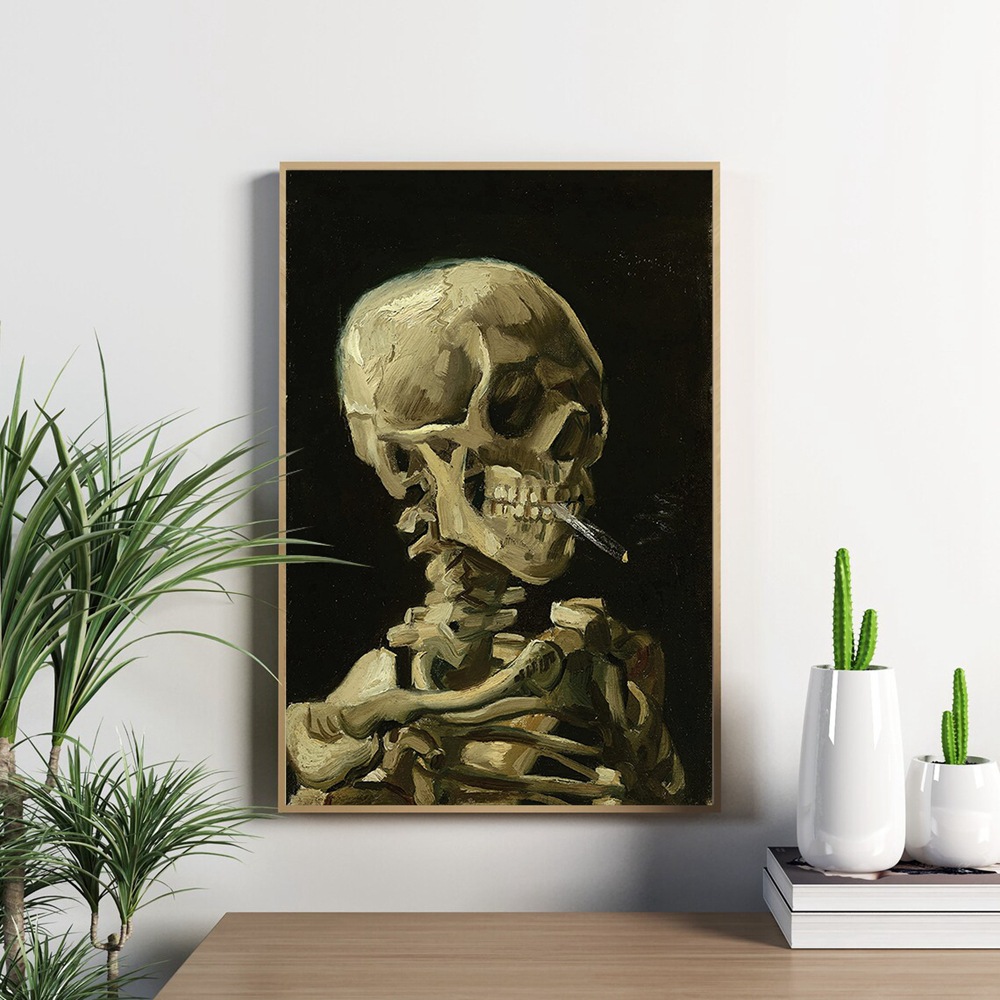 现代风格家居饰海报挂画 梵高吸烟的骷髅骨架帆布画 高清喷绘画芯