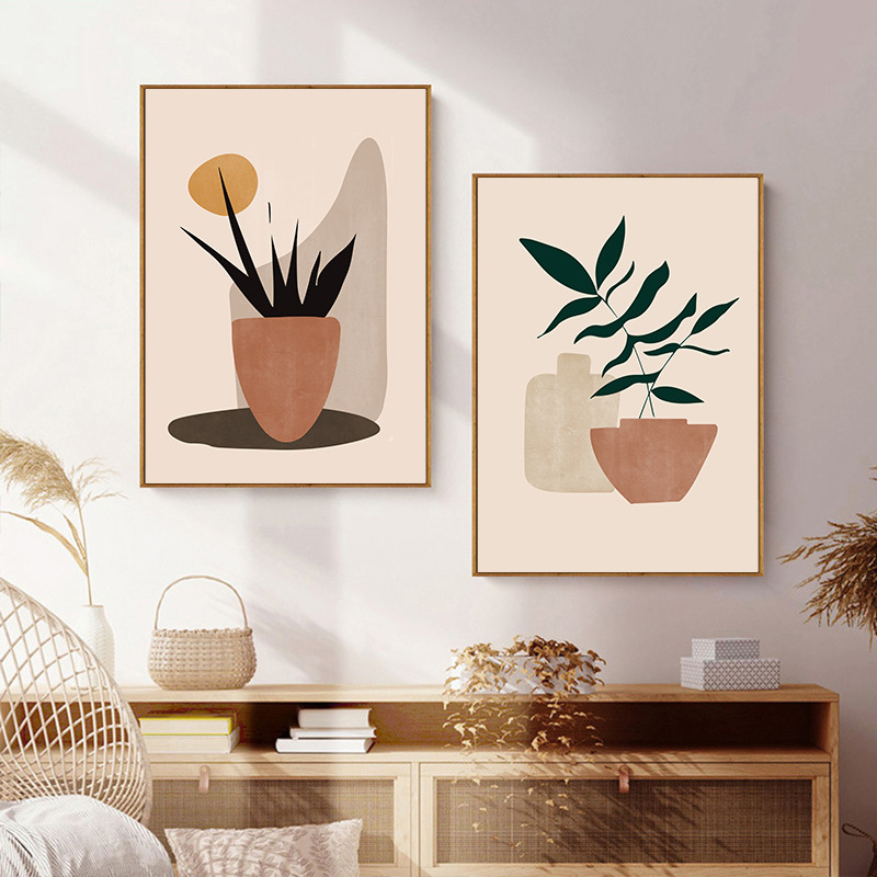 莫兰迪色装饰画小尺寸客厅餐厅温馨挂画抽象简约小众艺术绿植壁画