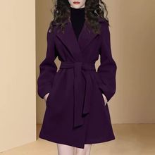 欧美时尚紫色毛呢外套女2024秋冬新款气质系带收腰显瘦呢子大衣潮