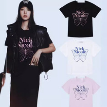 新款爆款韩国小众潮牌文佳煐同款蝴蝶logo印花短袖T恤24夏上衣女