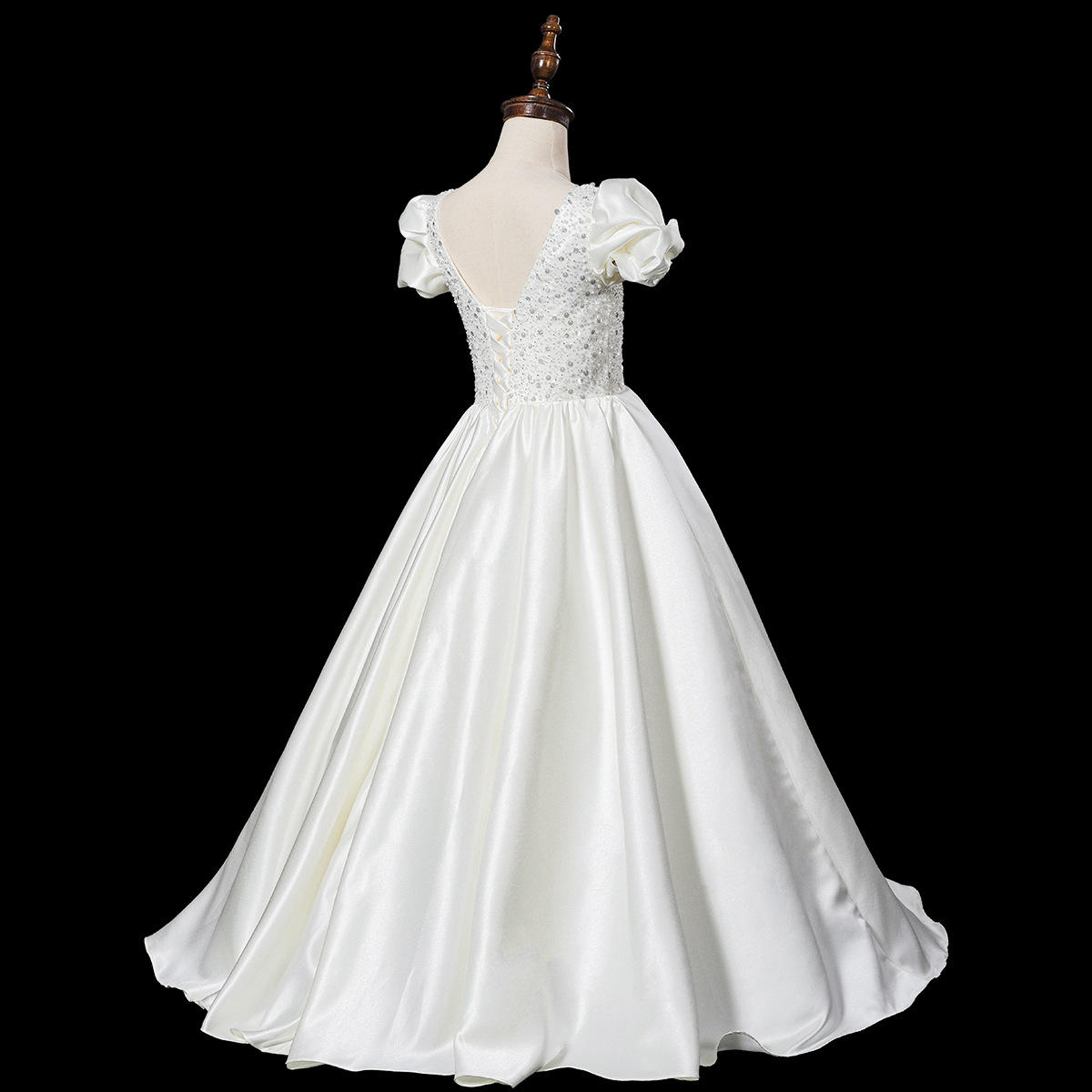 高端女童公主裙礼服白色女童主持人婚纱模特走秀洋气演出服缎面秋