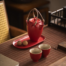 手工茶壶陶瓷藤编提梁壶一壶二杯功夫茶具茶杯小型套装复古泡茶器