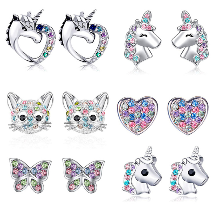 weihang foreign trade new unicorn cat heart rainbow earrings stud earrings ladies cartoon cute accessories