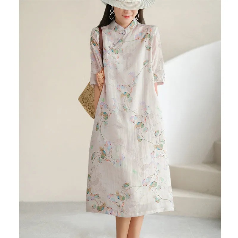 Cotton and Linen Improved Cotton Cheongsam Dress for Women 2023 Summer New Loose Version Plump Girls Slimming Mid-Length Dress for Women