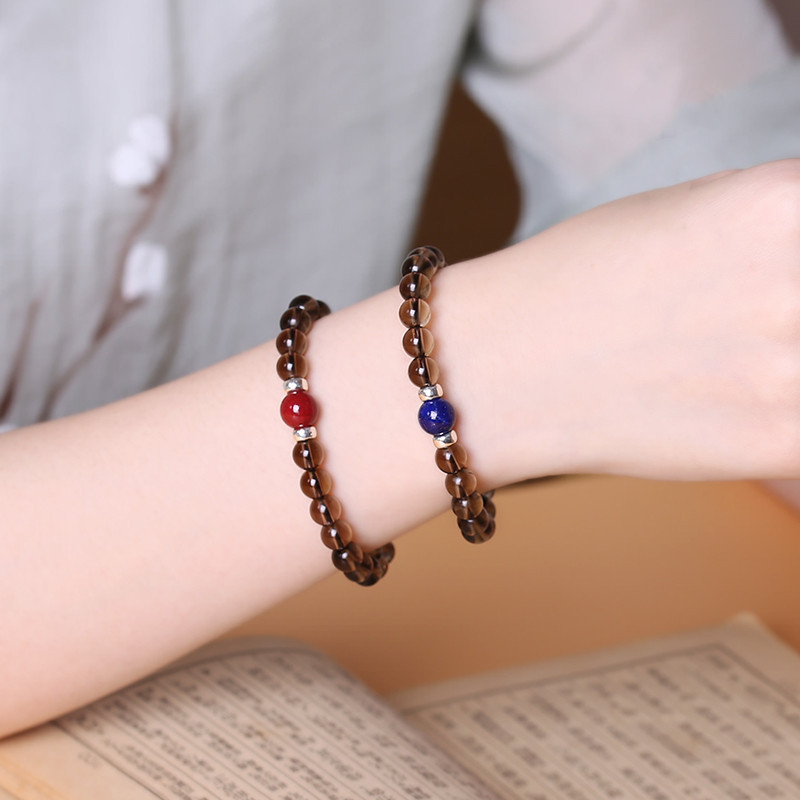 天然茶水晶手链搭配朱砂青金石转运珠男女款时尚简约清新单圈手串