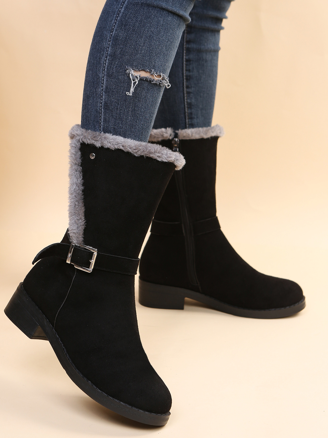 雪地靴女大码外贸2021秋冬新款欧美侧拉链中筒加厚加绒保暖棉靴女