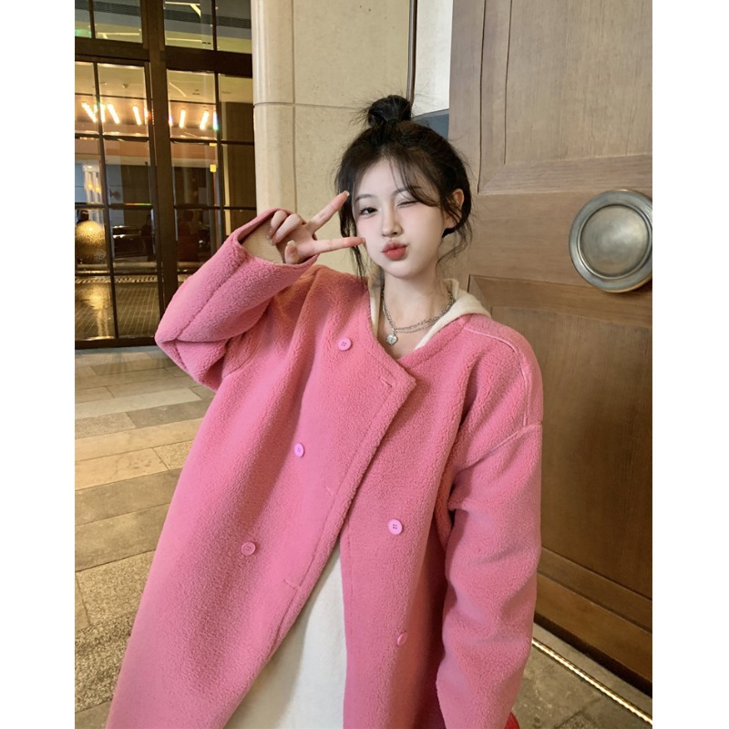 超好看粉色羊羔毛毛呢外套女冬款感宽松长款加厚保暖呢子大衣