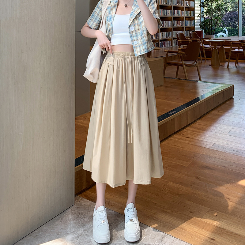 Thin Wide-Leg Pants Women's Mid-Length Culottes 2023 Summer New High Waist Casual Small Loose Half-Length Pants Skirt